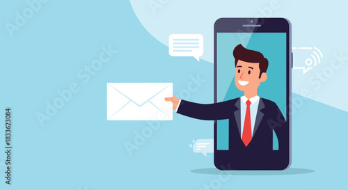 Businessman emerging from a smartphone to deliver an email, representing digital marketing, online communication, and customer outreach.