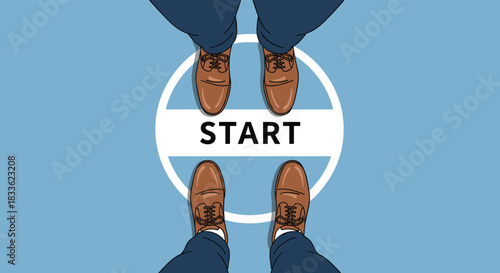 Top-down view of two pairs of business shoes on opposite sides of a starting line, symbolizing competition, partnership, or a new beginning.