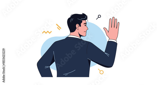 A businessman seen from the back raising his hand to take an oath, make a promise, or stop something with a gesture.