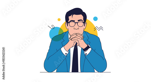 A thoughtful businessman with glasses and folded hands sitting at a desk, appearing serious, focused, and ready for a meeting.