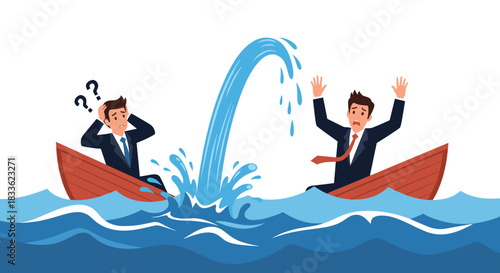 Two businessmen in a sinking boat, one panicked and one confused, representing a business crisis, teamwork failure, or partnership problem.
