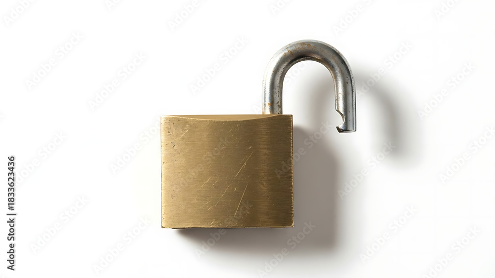 Naklejka premium Golden Padlock Unlocked on a White Background Symbolizing Security and Access
