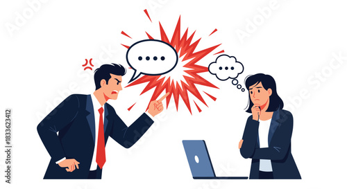 An angry male boss yelling at a calm, thinking female colleague in an office setting, depicting workplace conflict and communication issues.