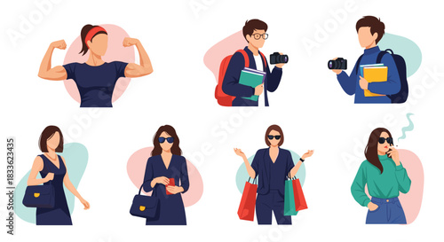A set of diverse modern characters, including a strong woman, a student photographer, a stylish shopper, and a woman smoking.