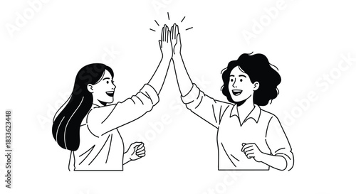 A black and white line art illustration of two happy businesswomen giving a high five to celebrate success and teamwork.