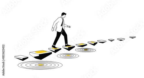 A businessman carefully walking on stepping stones that look like targets, representing strategic career progression and achieving goals.