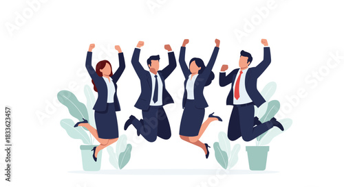 A team of happy business people in suits jumping for joy to celebrate a successful project, achievement, or victory together.