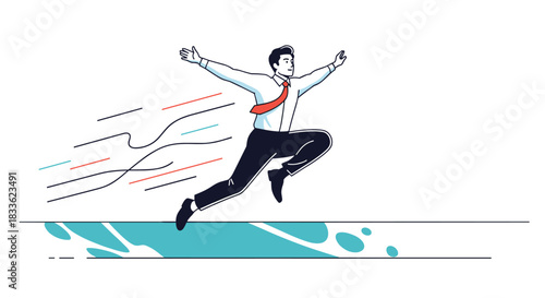 An energetic businessman with outstretched arms joyfully leaping forward, symbolizing freedom, success, and breaking through barriers.