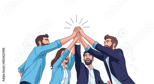 A diverse team of four colleagues giving a group high five, celebrating teamwork, unity, and collaborative success in business.