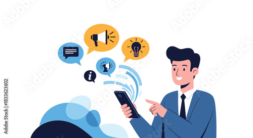 A businessman using a smartphone with various communication and idea icons like a megaphone, lightbulb, and chat bubbles floating out.