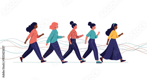 A group of diverse women walking together in a line, representing feminism, female solidarity, empowerment, and sisterhood.