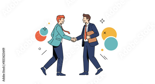 Two smiling businessmen shaking hands to finalize a successful deal or partnership, surrounded by abstract colorful shapes and sparkles.