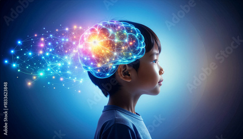 A young boy's mind visualized as a glowing neural network, symbolizing the future of childhood learning and cognitive development
