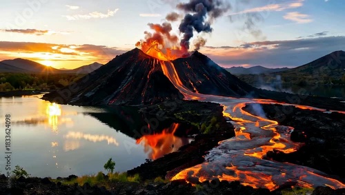 Wallpaper Mural Volcano Erupting Lava Flowing into Lake at Sunset. Torontodigital.ca