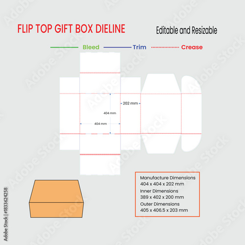 Flip Top Gift Box Dieline Template With Dimensions And Manufacturing Specs packaging die cut