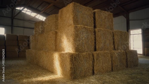 Stacked hay bales in a barn with light streaming through.