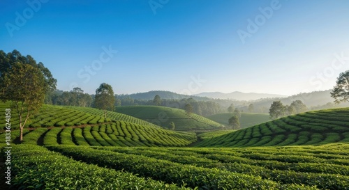 Wallpaper Mural Lush tea fields stretch across rolling hills under a vibrant blue sky Torontodigital.ca