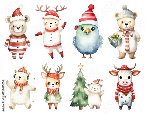 PNG Cute festive animal illustrations, element set on transparent background