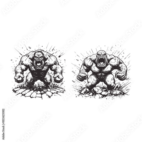 Illustration of a ferocious, enraged monster or creature breaking through a surface, depicted with cracked skin, bared teeth, and an open roar