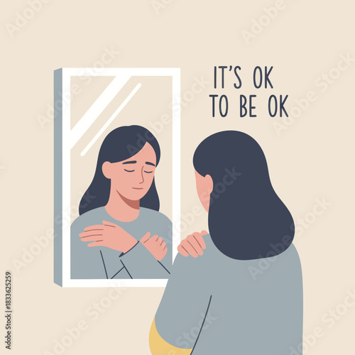 Woman looking at her reflection in a mirror, embracing self-acceptance.