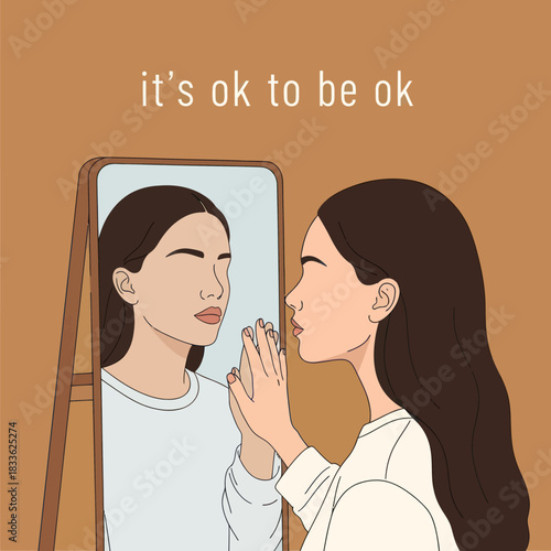 A young woman touches her reflection in the mirror promoting self-acceptance.