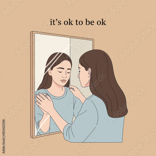 Woman looking at her reflection in a mirror with a comforting gesture.