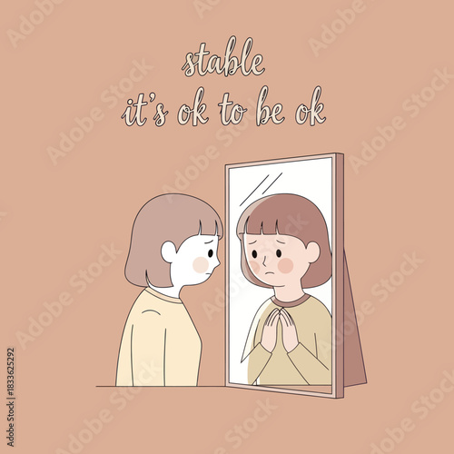 Illustration of a girl looking in the mirror with a message of self-acceptance.