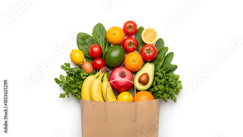 Fresh produce overflowing from a grocery bag, vibrant fruits and veggies for healthy eating, organic market bounty, delicious and nutritious lifestyle choices