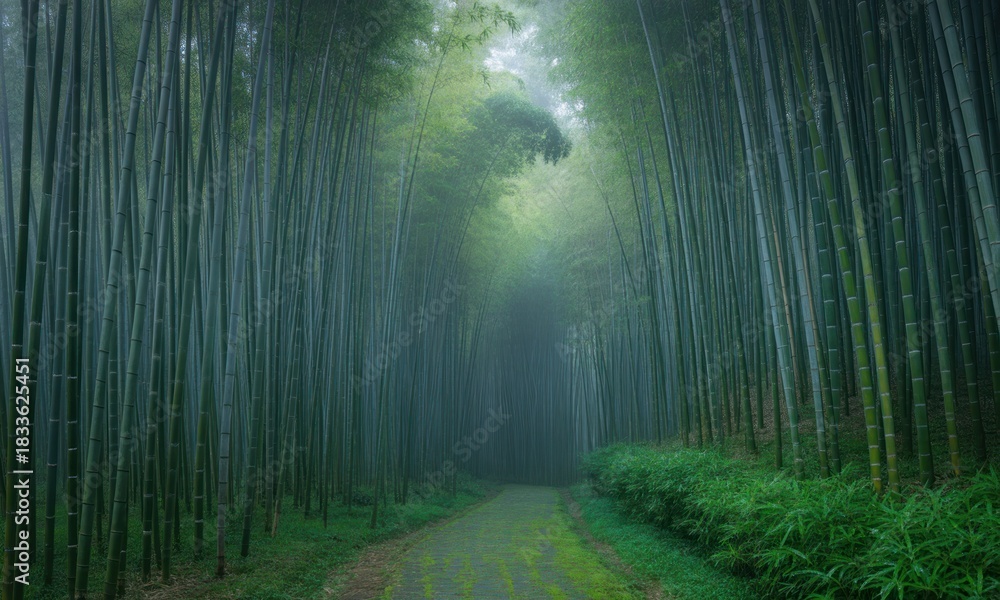 Naklejka premium Misty bamboo forest path (1)