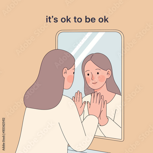 Woman looking in mirror with positive affirmation about being okay.