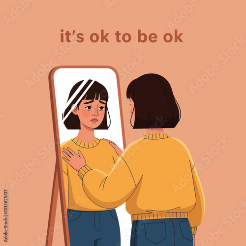 Woman looking at her reflection in a mirror, showing sadness and self-compassion.