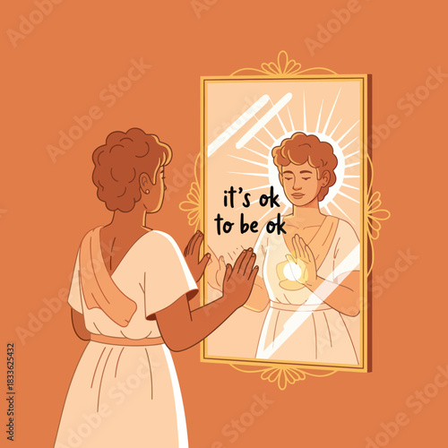 A woman looks in the mirror and sees a glowing version of herself.