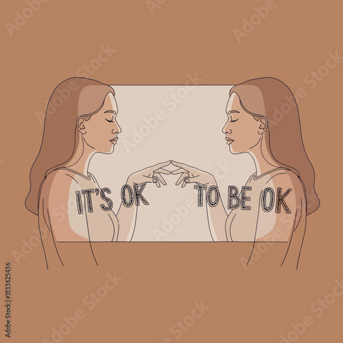 Two women embracing self acceptance and mental wellness with positive affirmation.