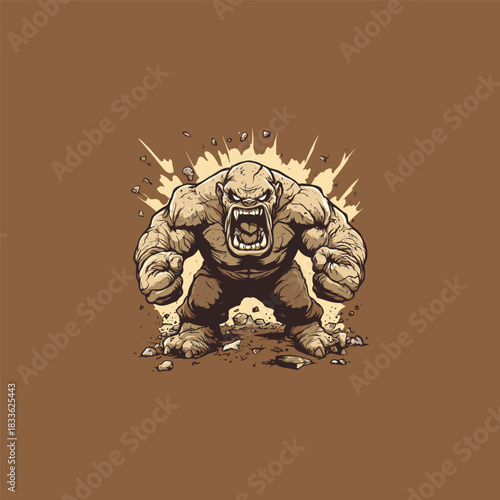 Illustration of a ferocious, enraged monster or creature breaking through a surface, depicted with cracked skin, bared teeth, and an open roar