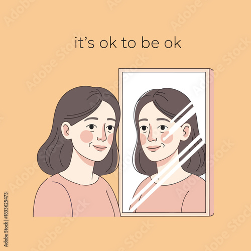 Woman looking at her reflection in a mirror with a calm expression.