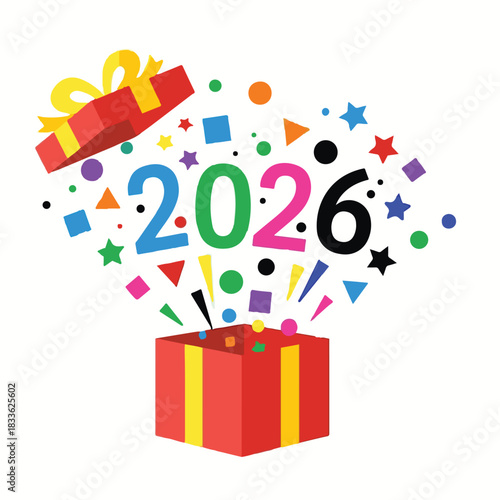 Vector Illustration of Happy New Year 2026 Celebration with Confetti and Gift Box