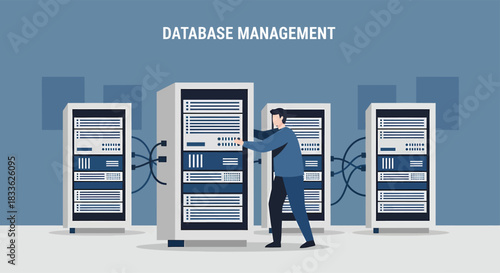 Database Management IT professional working with server racks in data center