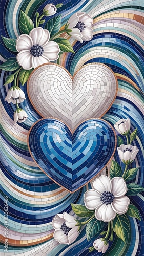 Two Mosaic Hearts with White Flowers on Swirling Background
