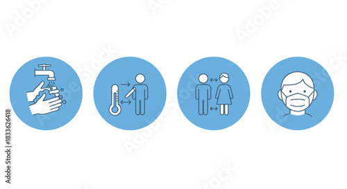 Vector illustration portraying essential hygiene and safety measures, including washing hands and social distancing, to prevent the spread of Covid-19 in a clean, modern style.