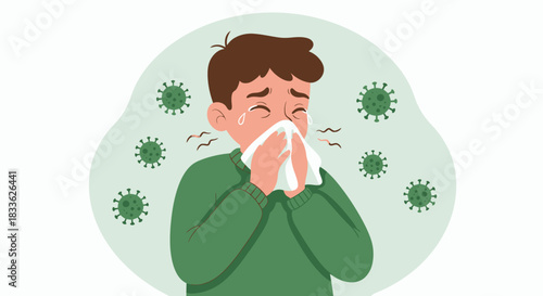 An illustrated man is sneezing into a tissue, surrounded by floating virus particles, depicting common cold or flu symptoms and disease spread.