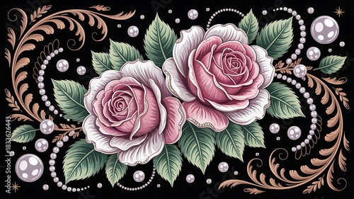 Two Pink Roses with Pearls and Ornate Swirls on Black