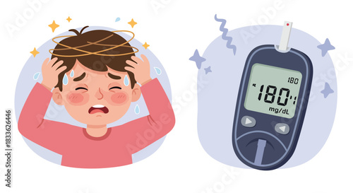A vector illustration depicts a young boy experiencing dizziness and a blood glucose meter displaying a high reading, symbolizing diabetes and health concerns.