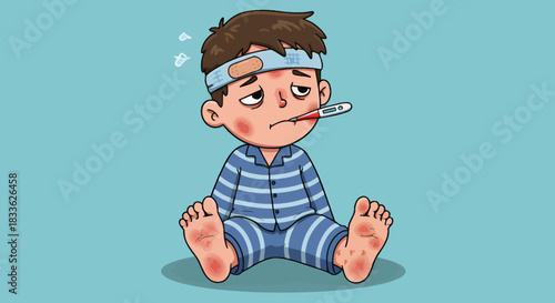 A sick child, illustrated in a vector style, sits with a thermometer in their mouth and a bandage on their head, depicting common childhood illnesses and healthcare needs.
