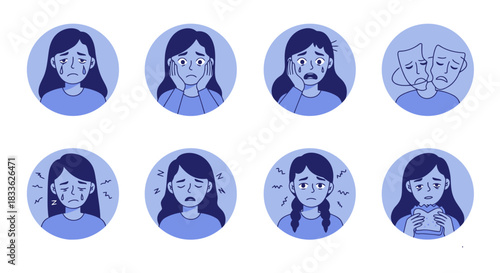 Eight distinct blue vector icons portraying women experiencing a range of negative emotions and mental health issues, perfect for educational content.