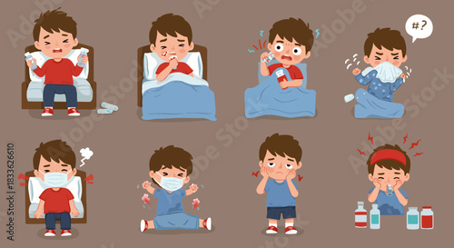 A collection of cartoon illustrations depicting a young boy suffering from various common illnesses and symptoms, highlighting health issues and medical care.