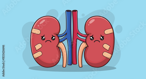 A cartoon illustration depicts two sad kidneys with bandages, representing kidney diseases and health problems, set against a light blue background, in a vector format.