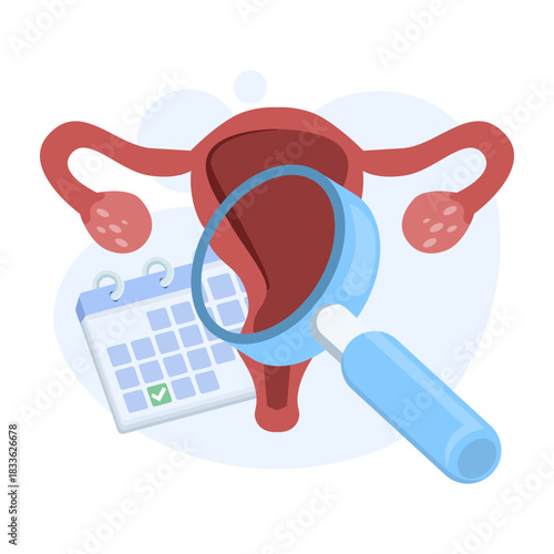 Female reproductive system vector with uterus, ovaries, hormone cycle, and period calendar. Suitable for gynecology, menstrual tracking, fertility care, medical infographics, and women's health topics