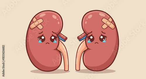 Cartoon depiction of injured kidneys with bandages and teary eyes, illustrating kidney disease or health issues in a lighthearted, approachable manner.