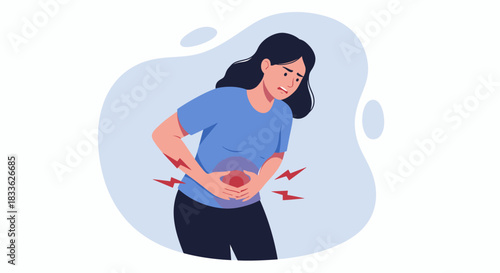 A vector illustration depicts a woman experiencing stomach pain, highlighting the discomfort and potential underlying diseases, perfect for medical and health-related content.