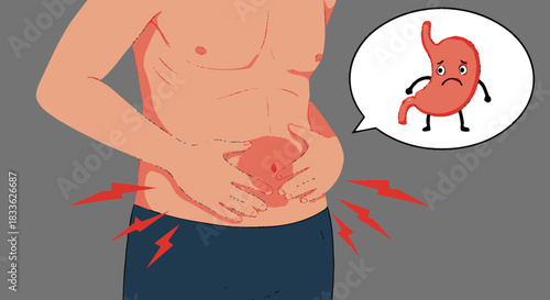 A graphic illustration of a man experiencing abdominal discomfort, holding his stomach while a sad cartoon organ appears in a thought bubble.
